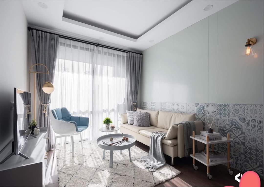 Rèm vải 2 lớp màu ghi sáng cho phòng khách chung cư